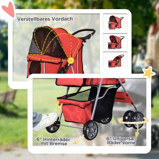 Poussette pour chien en tissu Oxford rouge, 75 x 45 x 97 cm, pliable et légère - PANGIVO - Image 6