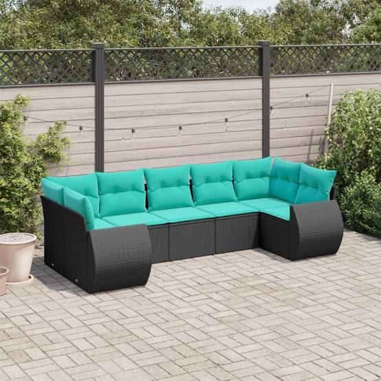 Salon de Jardin Bas 7 Places Résine Tressée Noire Modulable avec Coussins Bleus 7 Pièces – ComfortXL Outdoor Living - Image 1