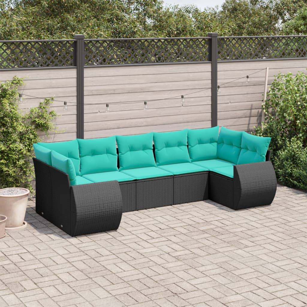 Salon de Jardin Bas 7 Places Résine Tressée Noire Modulable avec Coussins Bleus 7 Pièces – ComfortXL Outdoor Living - Image 1