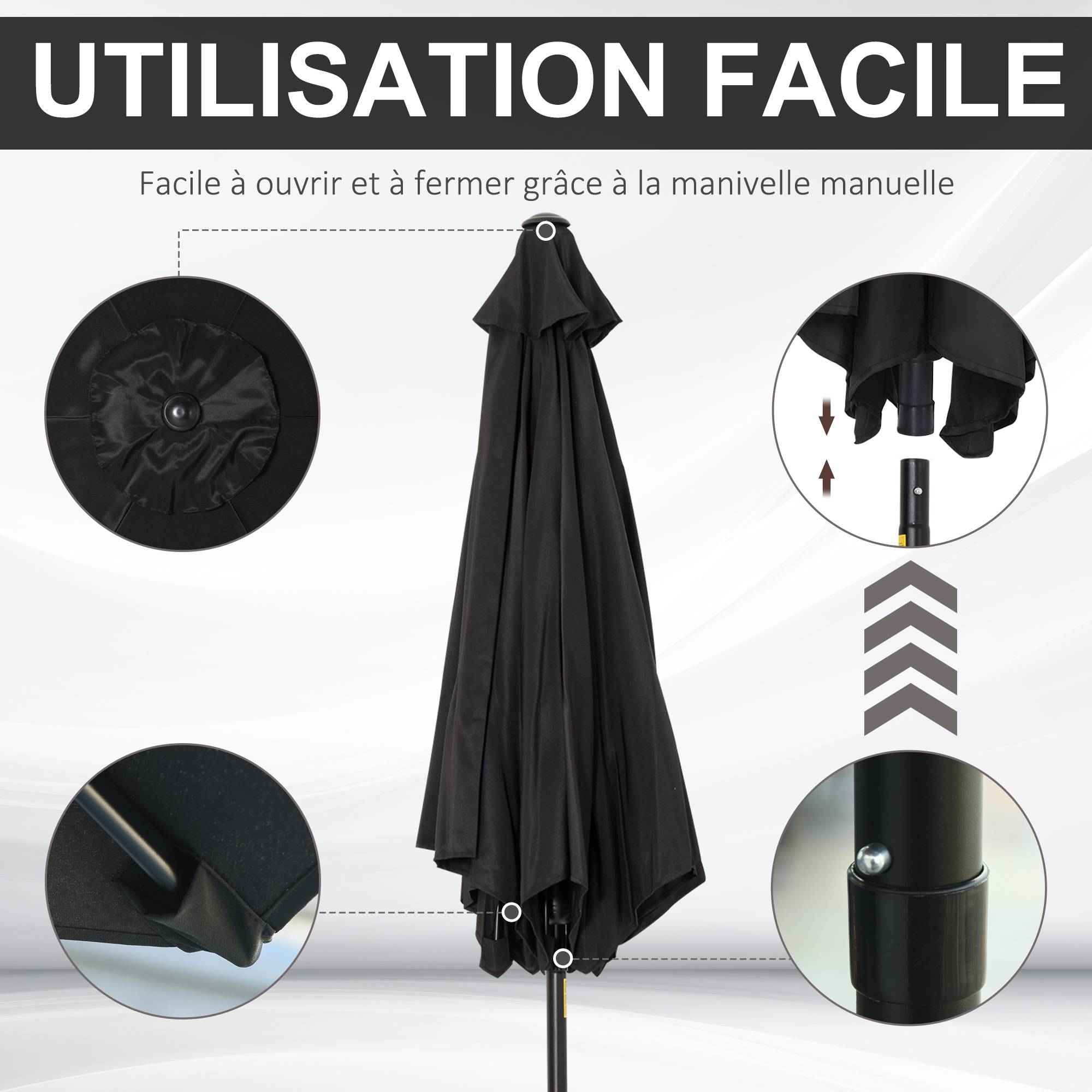 Parasol droit parasol inclinable de jardin manivelle toile polyester - 260x260x235cm Métal Noir fr336 - Image 6