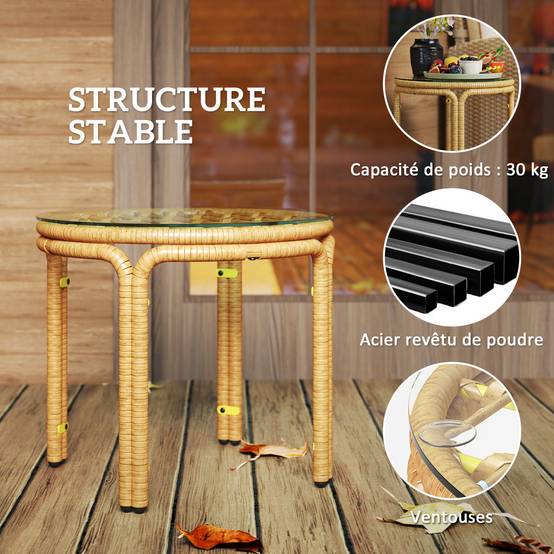 Table basse d'appoint jardin résine tressée plateau verre Ø50x44 jaune - ComfortXL Outdoor Living - Image 7