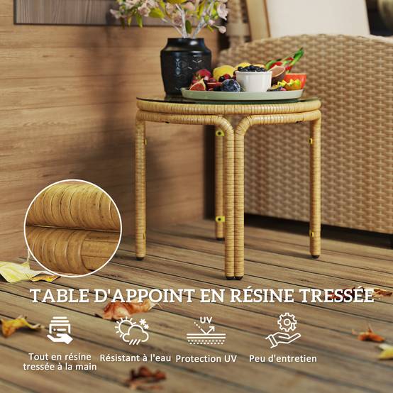 Table basse d'appoint jardin résine tressée plateau verre Ø50x44 jaune - ComfortXL Outdoor Living - Image 6