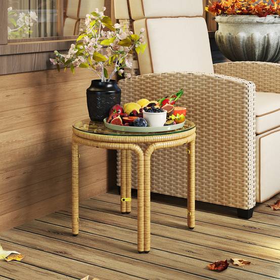 Table basse d'appoint jardin résine tressée plateau verre Ø50x44 jaune - ComfortXL Outdoor Living - Image 9