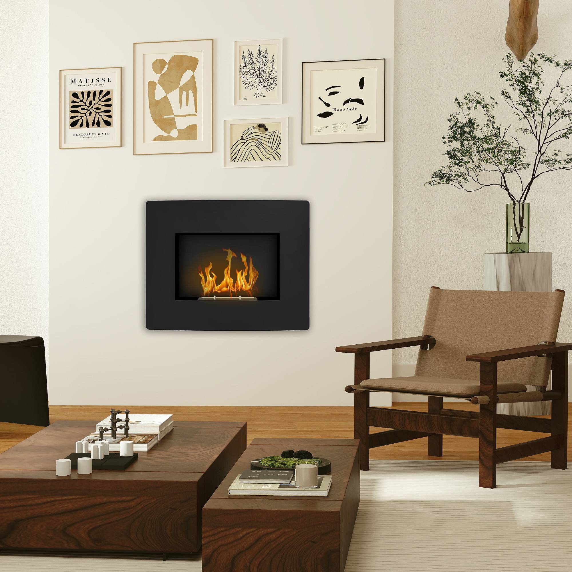 Cheminée bioéthanol murale réservoir 0,9 L combustion 3,3H intérieur 15-20 m² 66x16x52 cm noir - Image 9