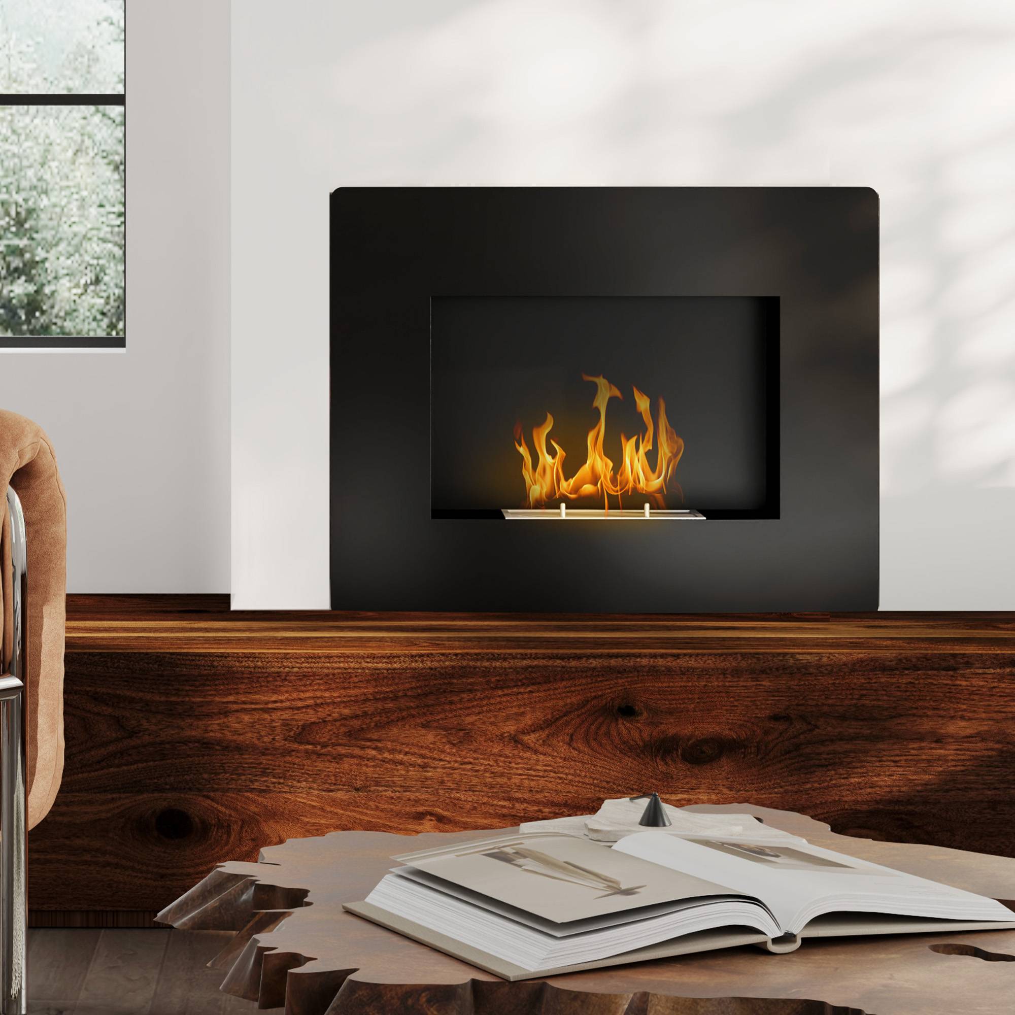 Cheminée bioéthanol murale réservoir 0,9 L combustion 3,3H intérieur 15-20 m² 66x16x52 cm noir - Image 10