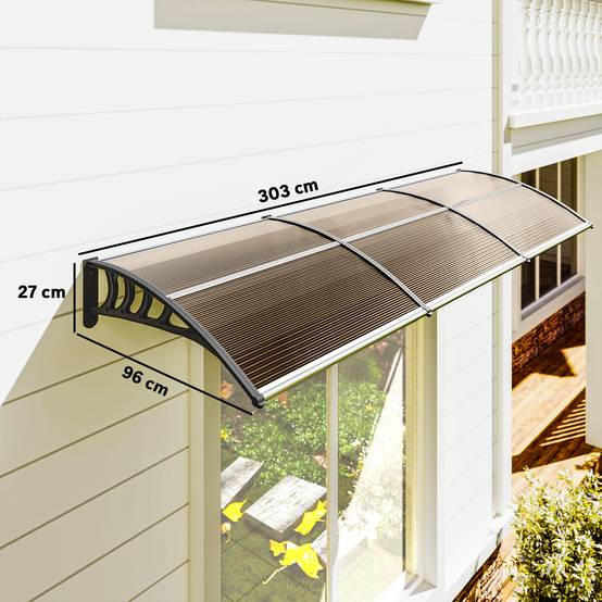 Auvent porte fenêtre polycarbonate aluminium protection intempéries 303x96x27cm marron noir - ComfortXL Outdoor Living - Image 5