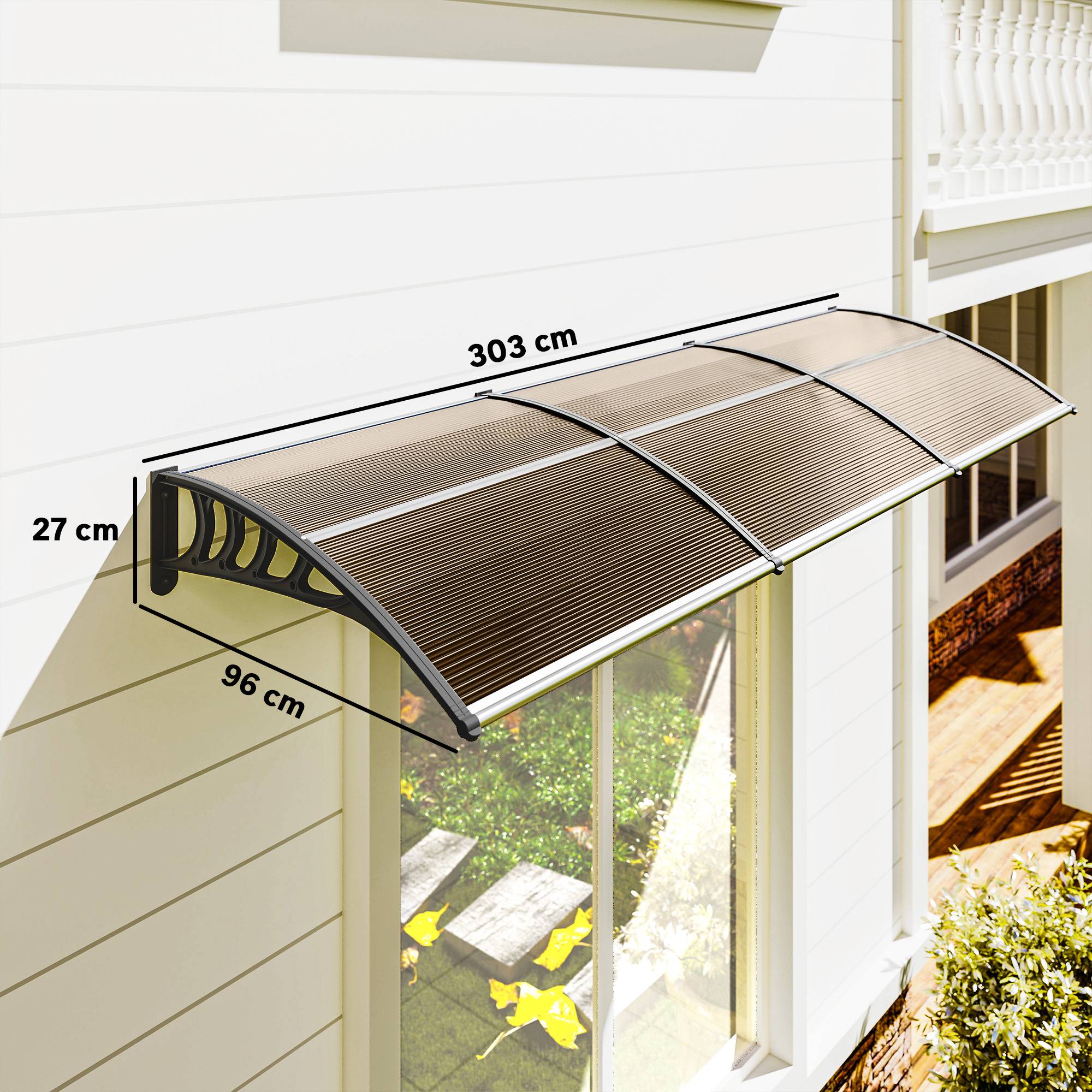 Auvent porte fenêtre polycarbonate aluminium protection intempéries 303x96x27cm marron noir - ComfortXL Outdoor Living - Image 5