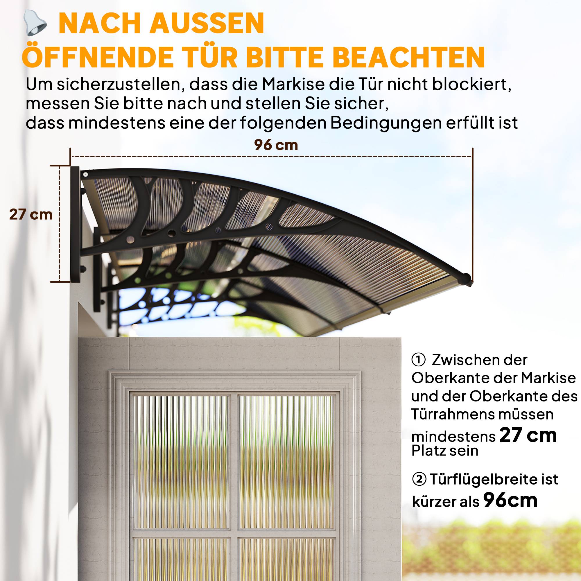 Auvent porte fenêtre polycarbonate aluminium protection intempéries 303x96x27cm marron noir - ComfortXL Outdoor Living - Image 9