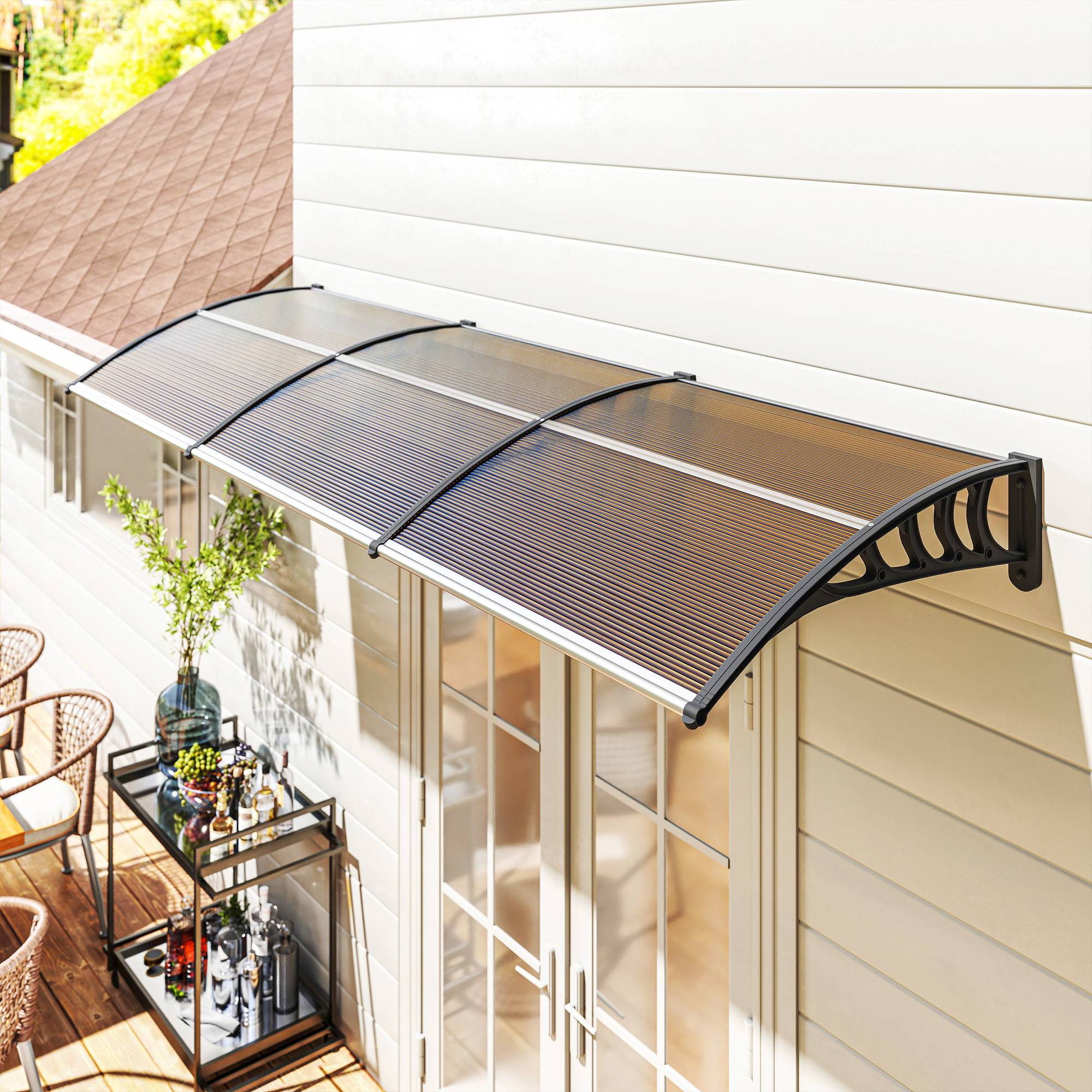 Auvent porte fenêtre polycarbonate aluminium protection intempéries 303x96x27cm marron noir - ComfortXL Outdoor Living - Image 3