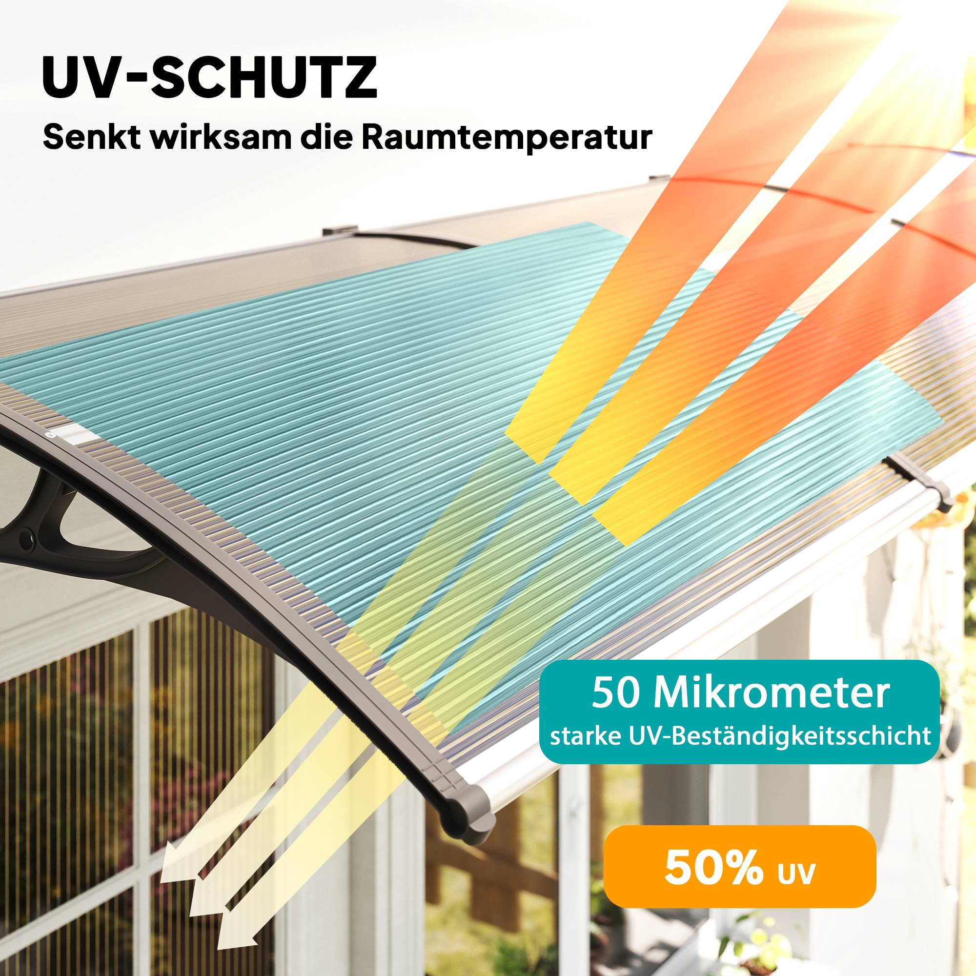 Auvent porte fenêtre polycarbonate aluminium protection intempéries 303x96x27cm marron noir - ComfortXL Outdoor Living - Image 6