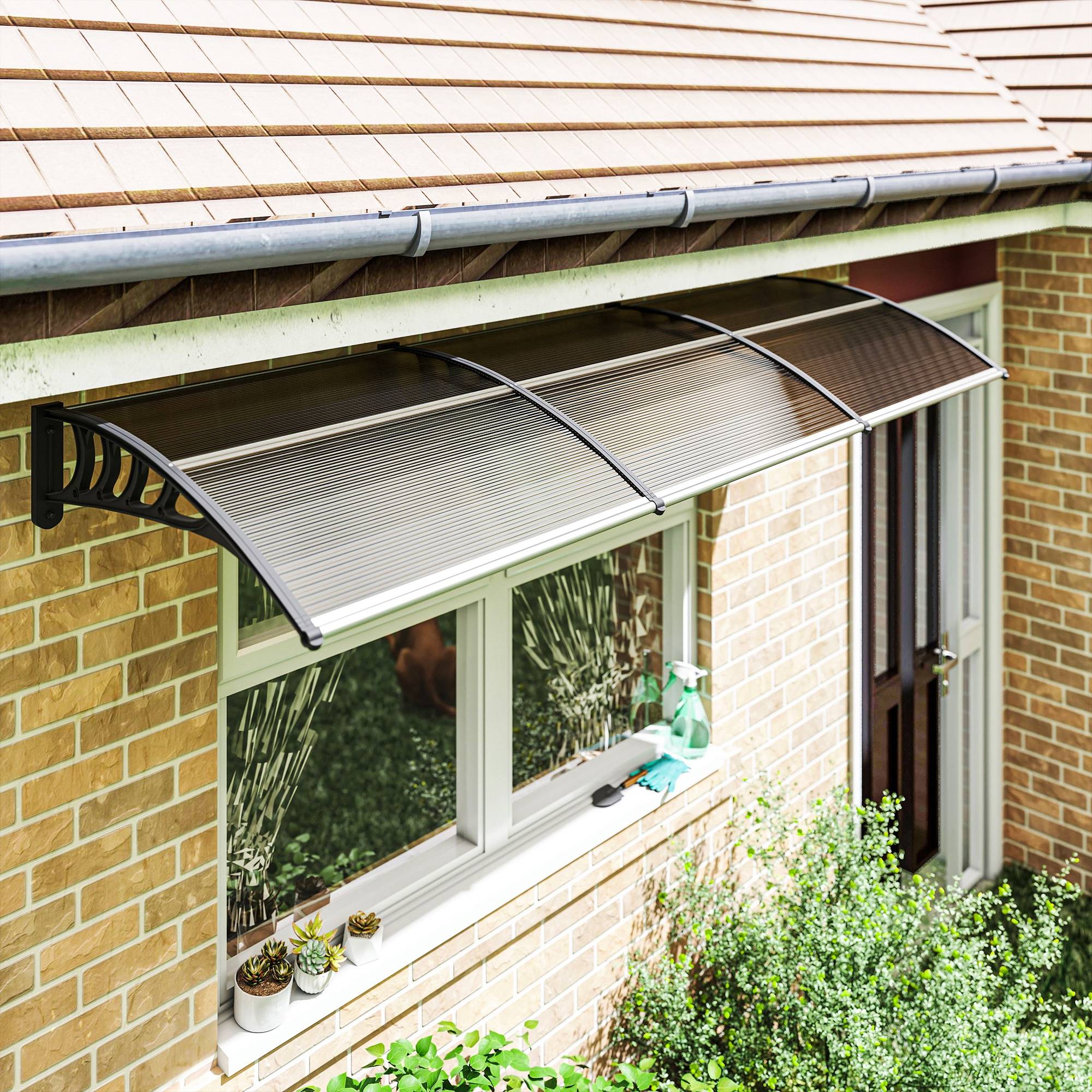 Auvent porte fenêtre polycarbonate aluminium protection intempéries 303x96x27cm marron noir - ComfortXL Outdoor Living - Image 4