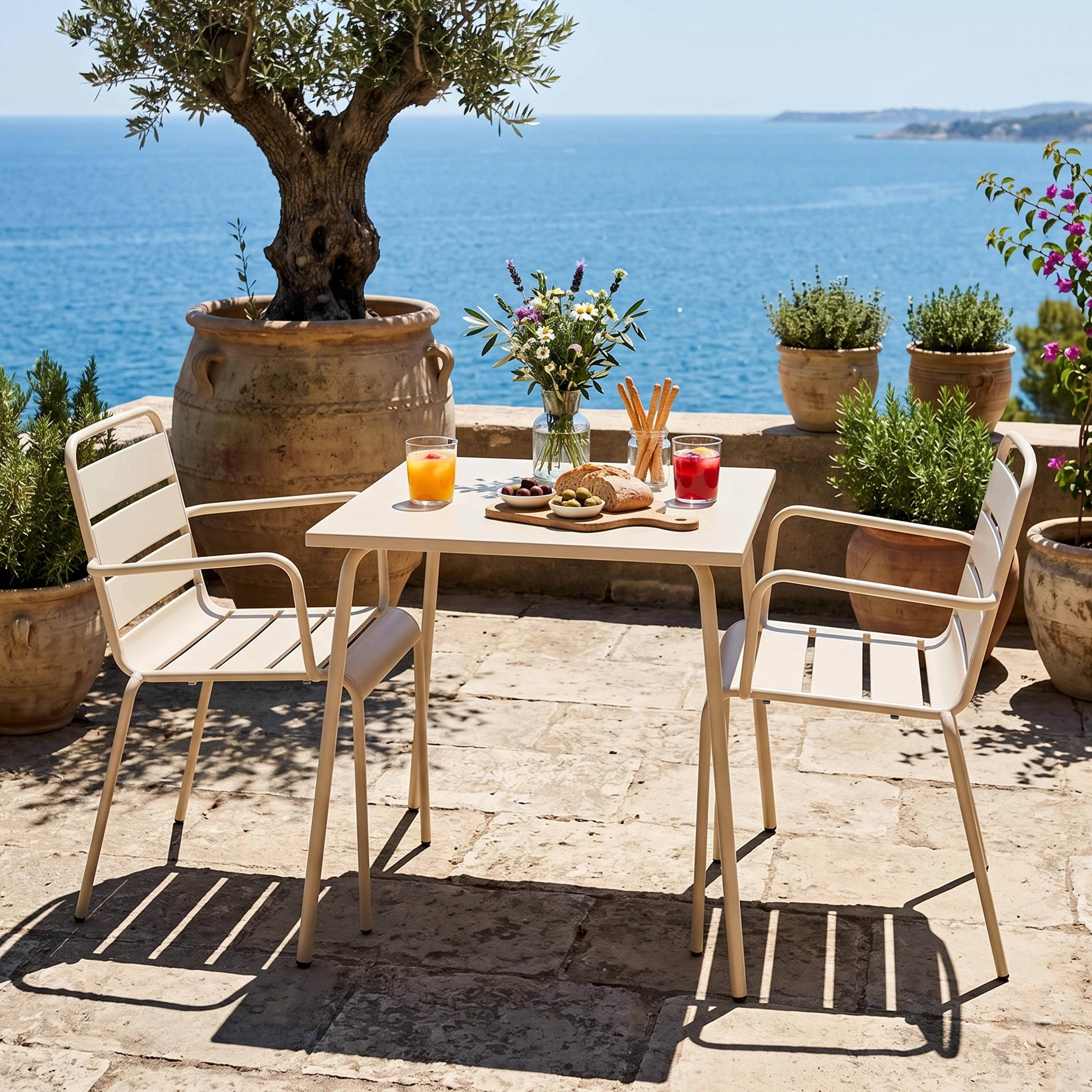 Oviala - Ensemble table de jardin carrée et 2 fauteuils acier ivoire Palavas - Oviala - Image 2