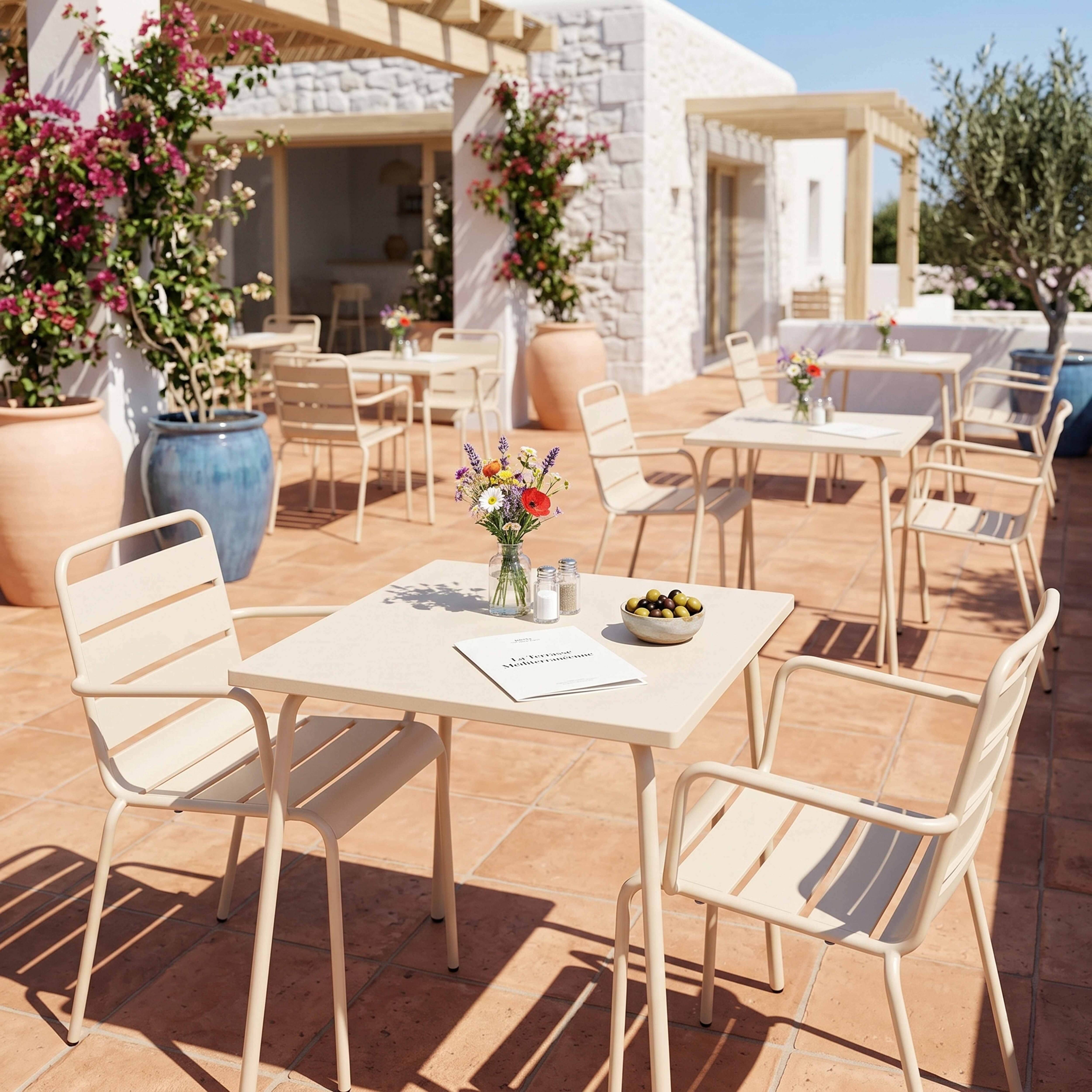 Oviala - Ensemble table de jardin carrée et 2 fauteuils acier ivoire Palavas - Oviala - Image 4