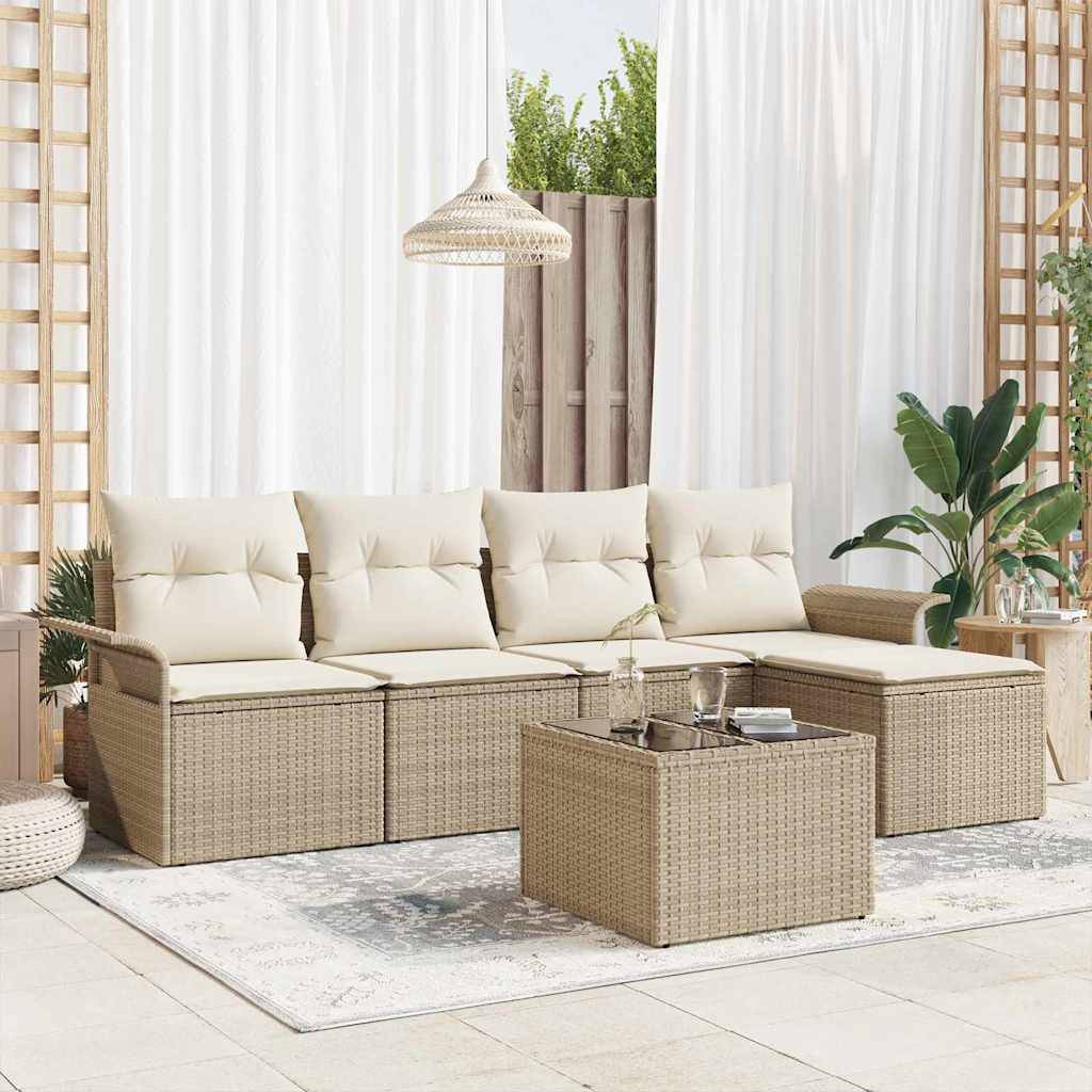 Salon de Jardin 5 Places en Polyrotin avec Table et Pouf Modulable Beige – ComfortXL Outdoor Living - Image 1