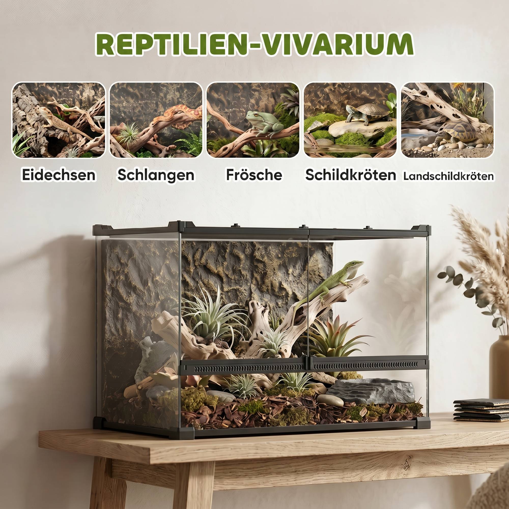 Terrarium pour reptiles en verre 48L, ventilation frontale, paroi arrière imitation pierre, fermeture rotative, 50×30×35cm noir - Image 6