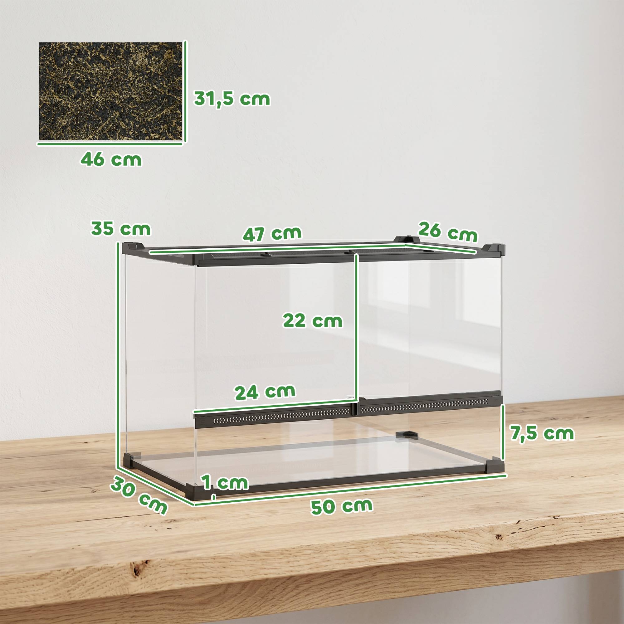 Terrarium pour reptiles en verre 48L, ventilation frontale, paroi arrière imitation pierre, fermeture rotative, 50×30×35cm noir - Image 5