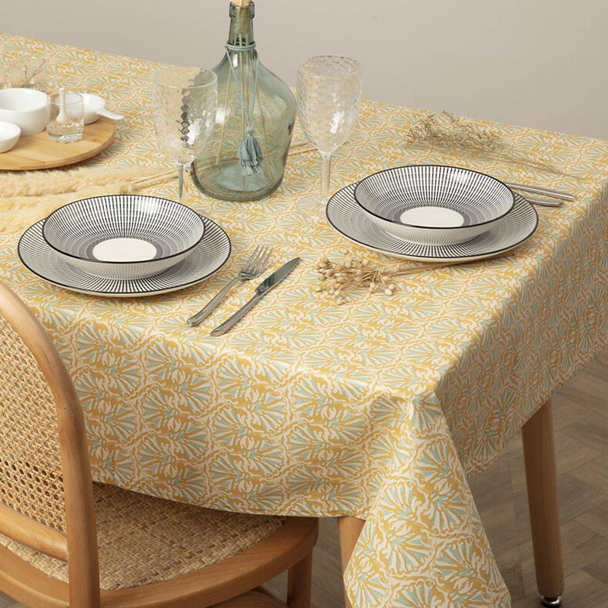 Nappe en polycoton Ocre Blanc et Vert céladon 150 x 250 cm - Imagen 3