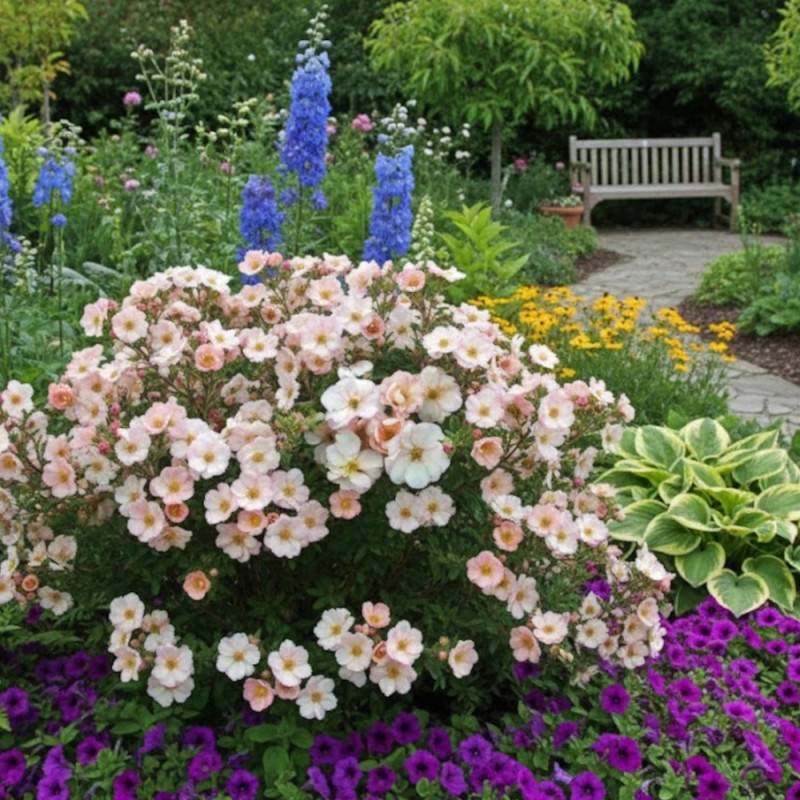 Potentille arbustive Double Punch® Pastel 'MINCRERO04', Potentilla à fleurs Rose/Blanche - feuillage Caduc - Pot de 1,5L - 20/40 cm - Imagen 4