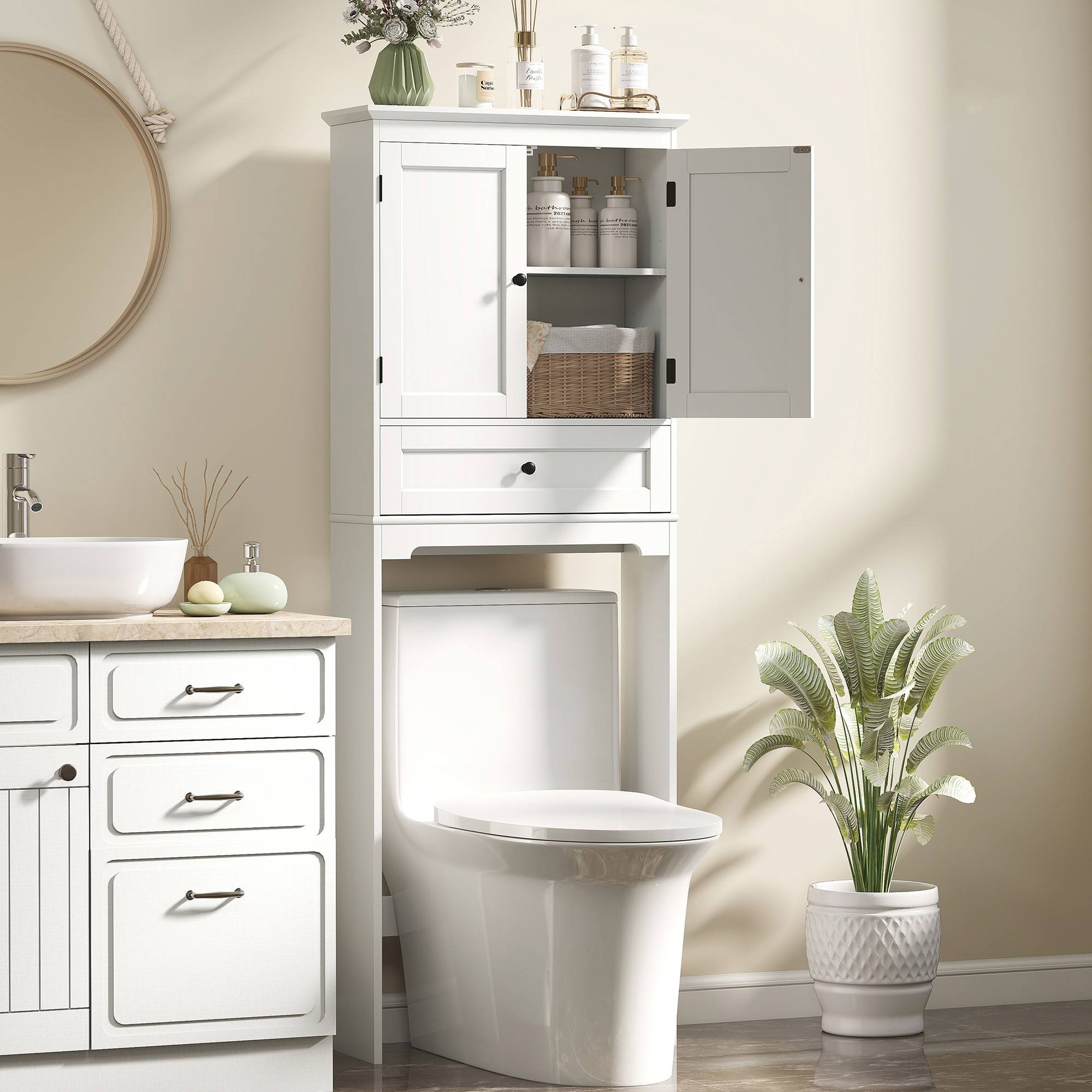 Sans Marque - Meuble WC Rangement Dessus Toilette Meuble Toilettes 2 Portes Tiroir Étagère Réglable Blanc - Image 3