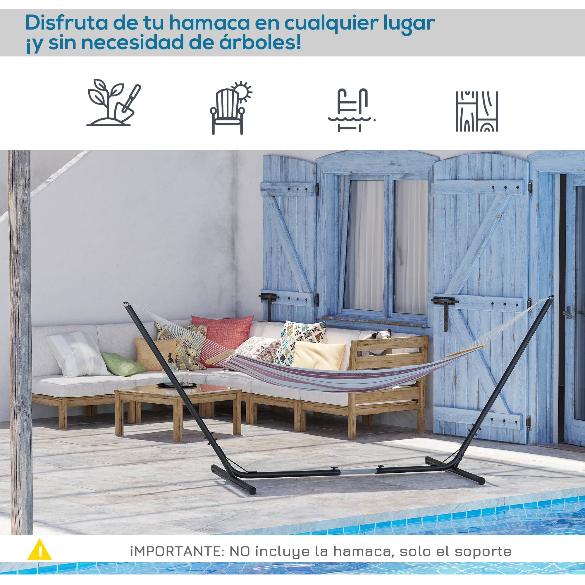 Support de hamac de jardin à longueur réglable, structure métallique 313-388 x 109 x 116 cm, pour une utilisation intérieure, charge maximale 120 kg - Image 8