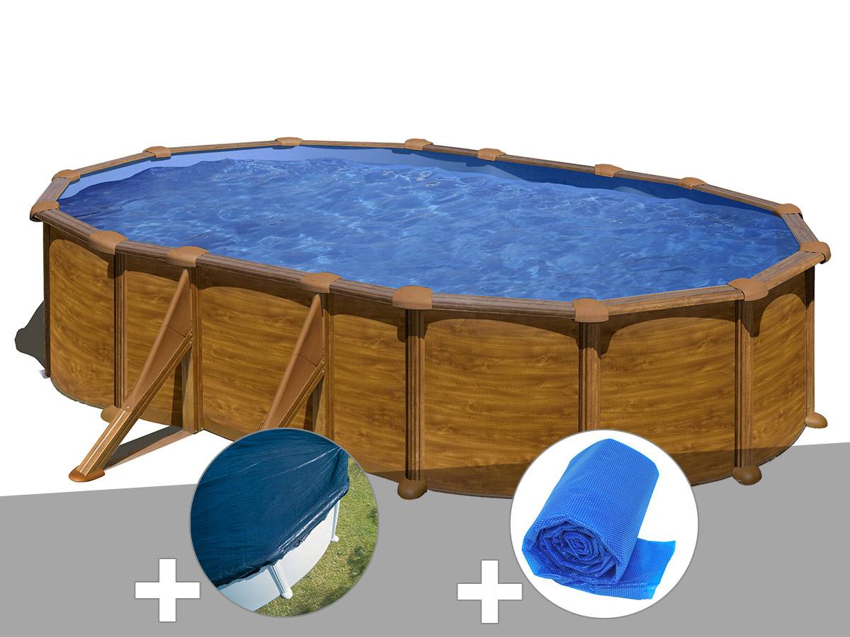 Gré - Kit piscine acier aspect bois Gré Mauritius ovale 6,34 x 3,99 x 1,32 m + Bâche hiver + Bâche à bulles