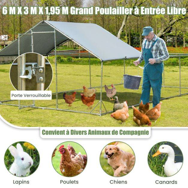 Helloshop26 - Enclos poulailler 18 m² en acier galvanisé avec porte et toit en tissu oxford 6 x 3 x 1,95 m pour lapin poulet et canard - Imagen 4