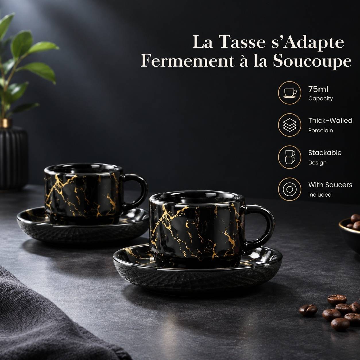 Tasses à Expresso Porcelaine Épaisses avec Soucoupes et Support Ensemble de 4 - Image 7