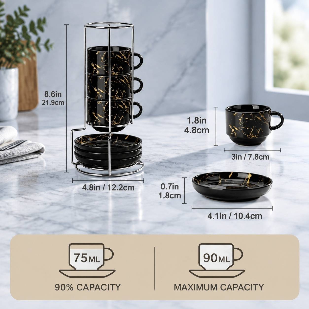 Tasses à Expresso Porcelaine Épaisses avec Soucoupes et Support Ensemble de 4 - Image 2