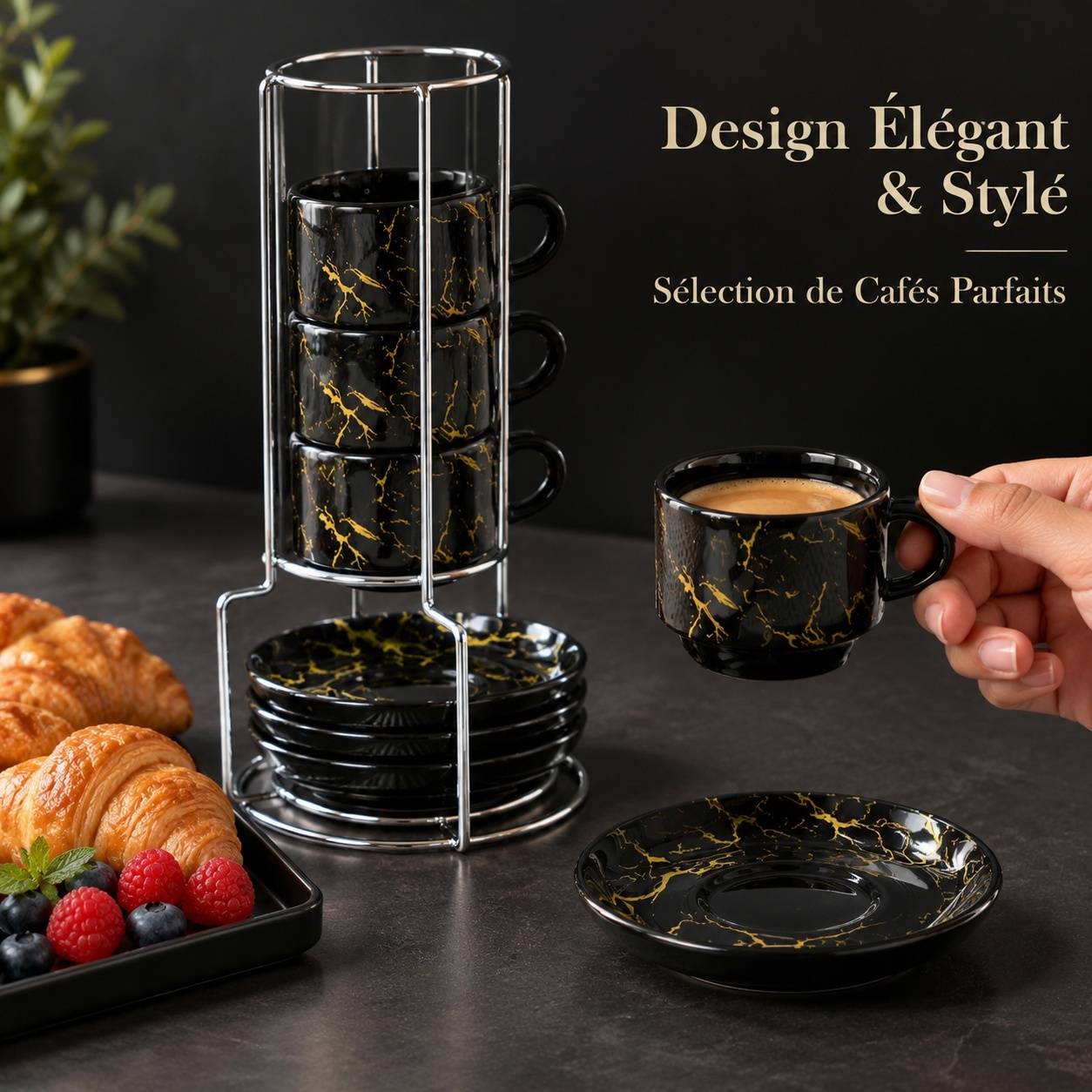Tasses à Expresso Porcelaine Épaisses avec Soucoupes et Support Ensemble de 4 - Image 5