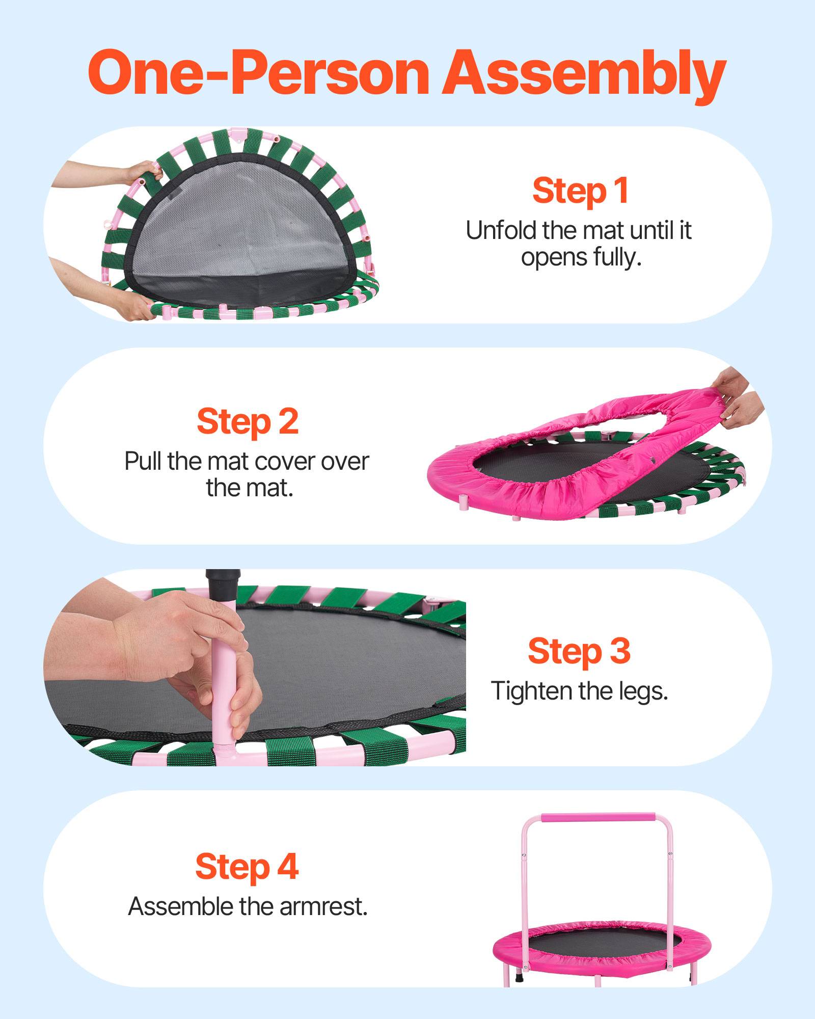 VEVOR Mini trampoline enfant pliable, 955x750 mm, poignée. Pour 3 ans+, garçons, filles, rose. - Image 6