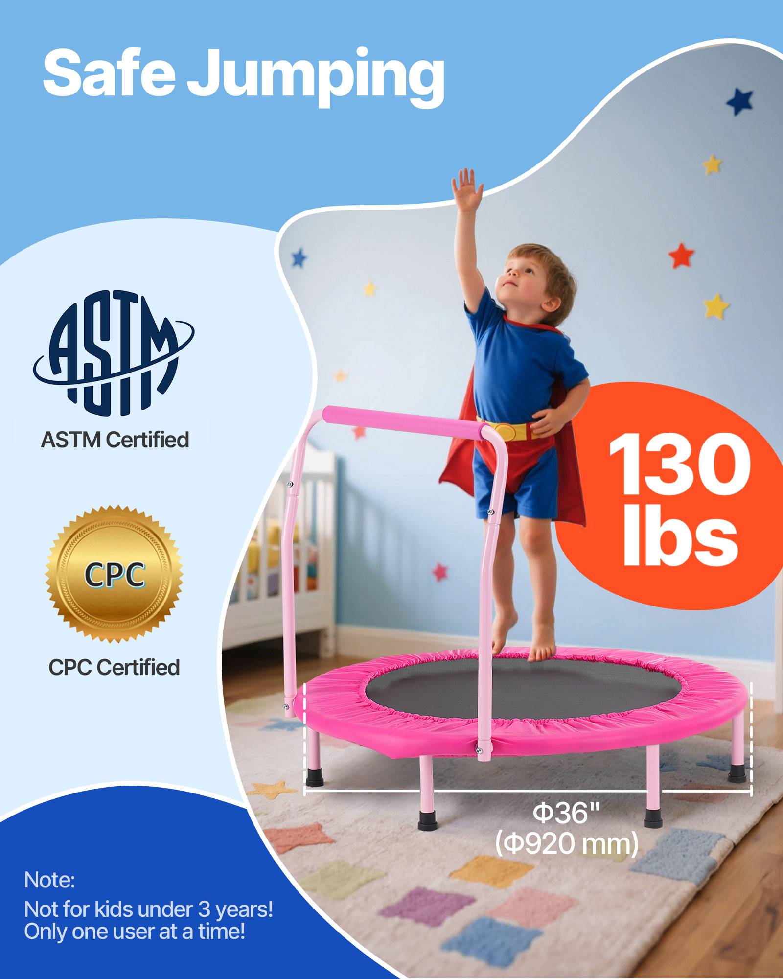 VEVOR Mini trampoline enfant pliable, 955x750 mm, poignée. Pour 3 ans+, garçons, filles, rose. - Image 2