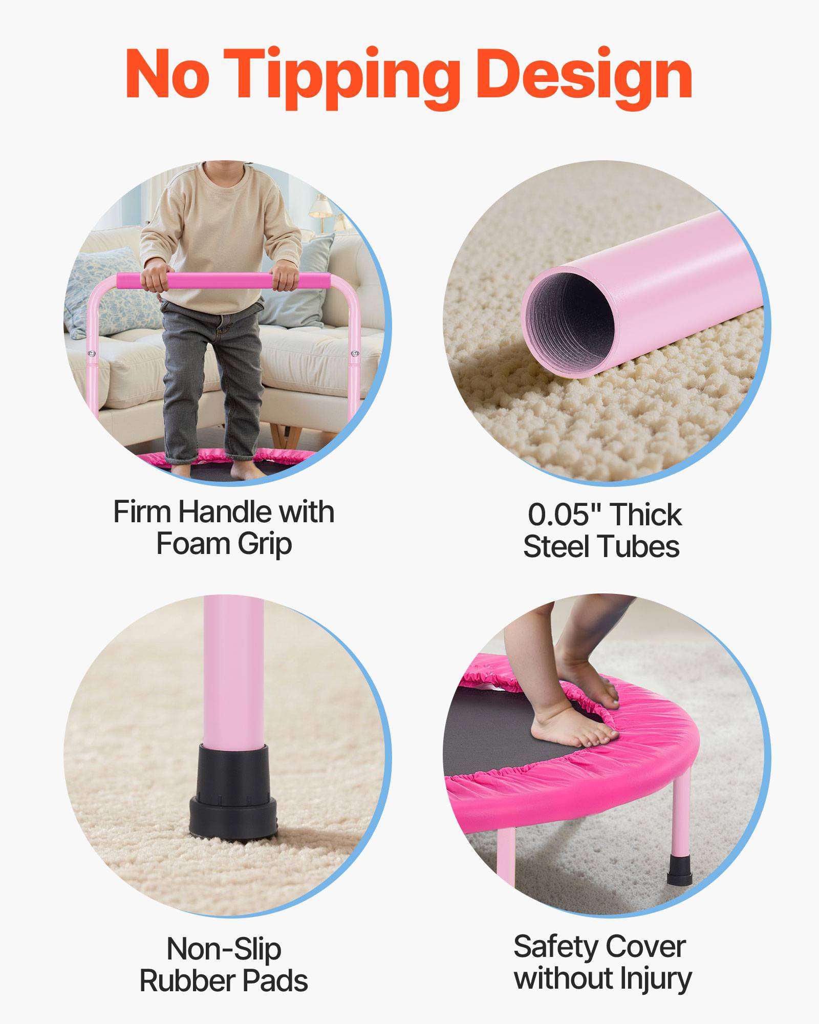 VEVOR Mini trampoline enfant pliable, 955x750 mm, poignée. Pour 3 ans+, garçons, filles, rose. - Image 3
