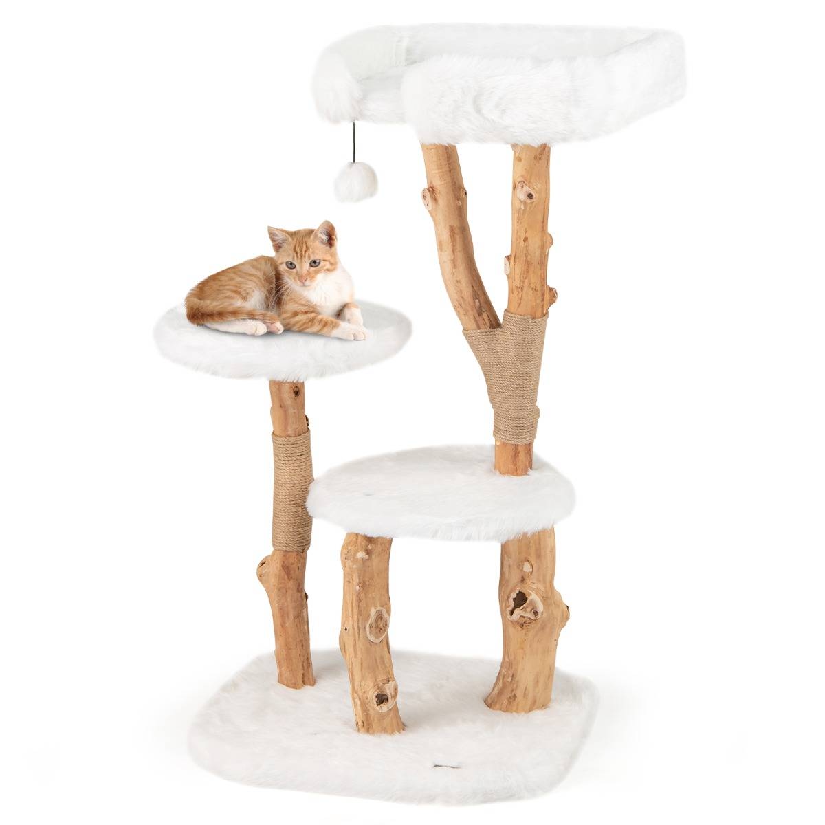 Arbre à Chat en Bois Massif Tour pour Chat en Bois avec Perchoir Poteaux à Gratter en Jute Naturelle Balle Suspendue Peluche Douce Blanc - Image 4