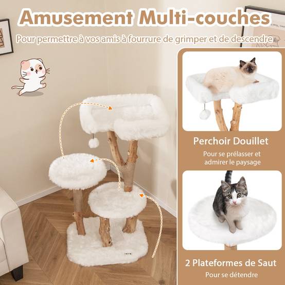 Arbre à Chat en Bois Massif Tour pour Chat en Bois avec Perchoir Poteaux à Gratter en Jute Naturelle Balle Suspendue Peluche Douce Blanc - Image 5