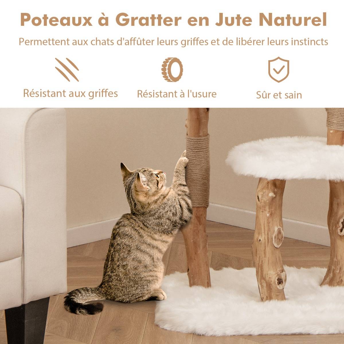 Arbre à Chat en Bois Massif Tour pour Chat en Bois avec Perchoir Poteaux à Gratter en Jute Naturelle Balle Suspendue Peluche Douce Blanc - Image 9