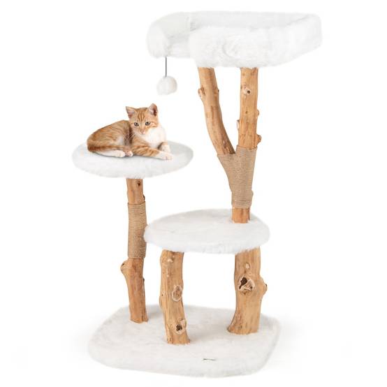 Arbre à Chat en Bois Massif Tour pour Chat en Bois avec Perchoir Poteaux à Gratter en Jute Naturelle Balle Suspendue Peluche Douce Blanc - Image 1