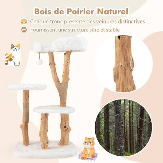 Arbre à Chat en Bois Massif Tour pour Chat en Bois avec Perchoir Poteaux à Gratter en Jute Naturelle Balle Suspendue Peluche Douce Blanc - Image 6