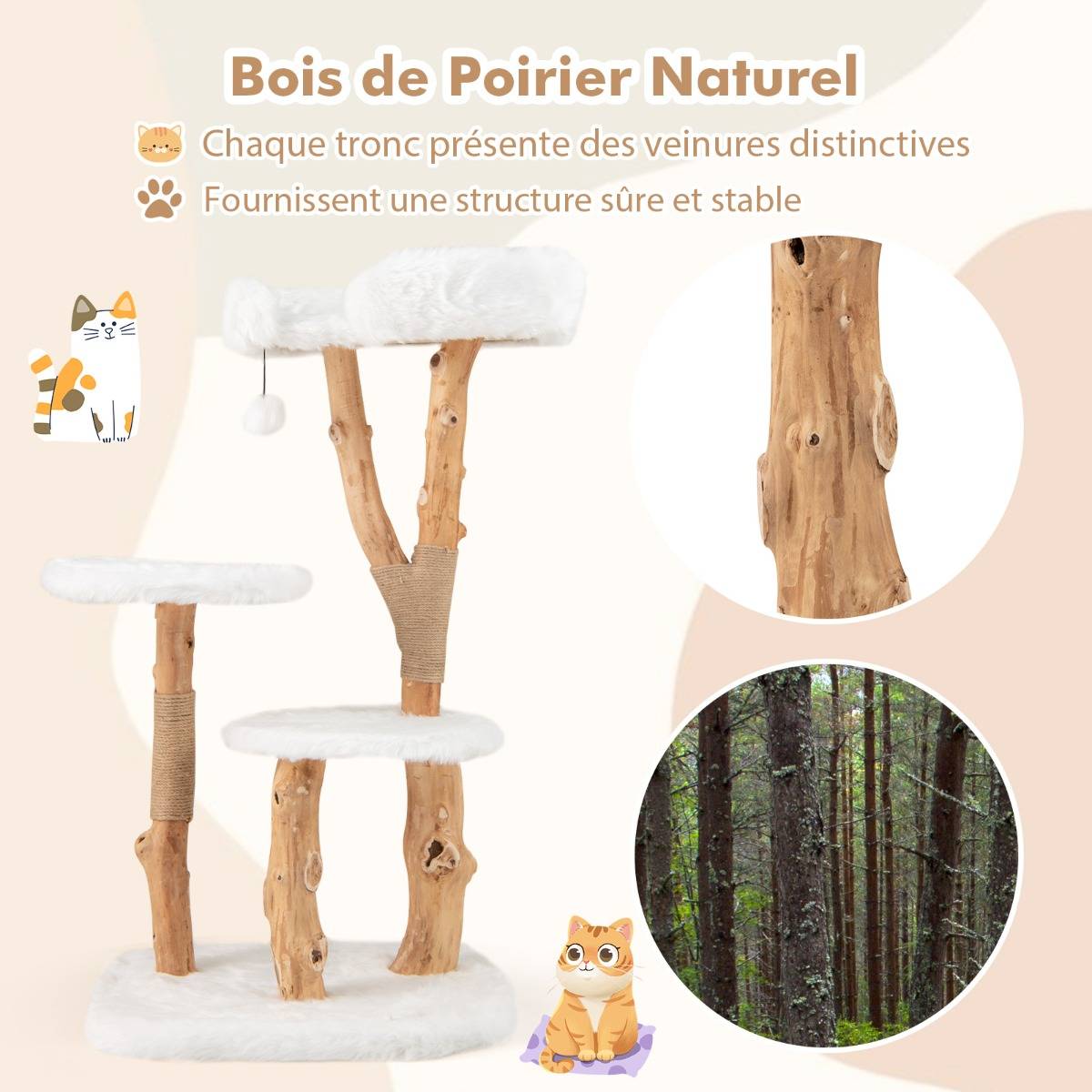 Arbre à Chat en Bois Massif Tour pour Chat en Bois avec Perchoir Poteaux à Gratter en Jute Naturelle Balle Suspendue Peluche Douce Blanc - Image 6