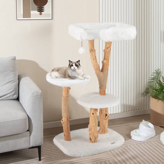 Arbre à Chat en Bois Massif Tour pour Chat en Bois avec Perchoir Poteaux à Gratter en Jute Naturelle Balle Suspendue Peluche Douce Blanc - Image 2