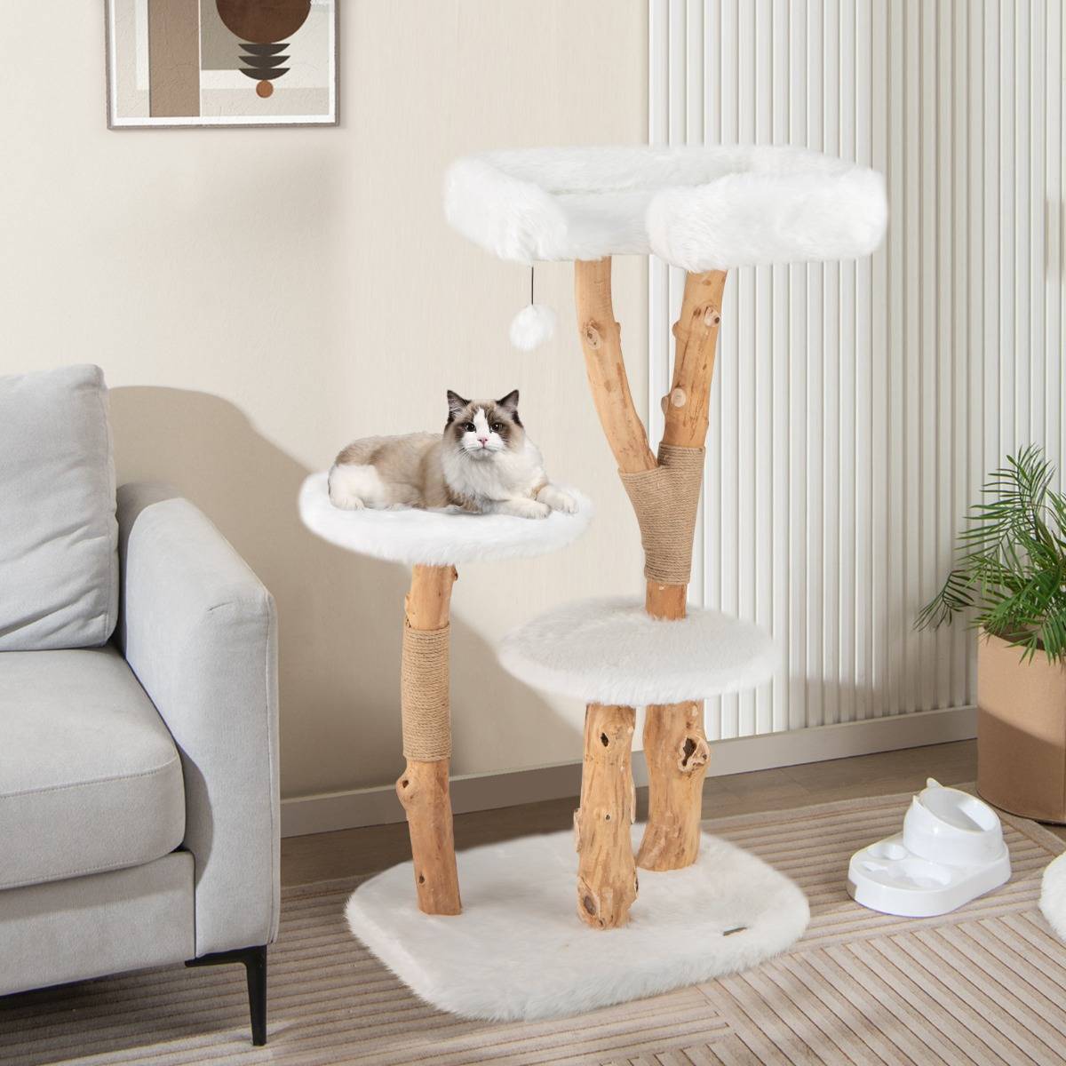 Arbre à Chat en Bois Massif Tour pour Chat en Bois avec Perchoir Poteaux à Gratter en Jute Naturelle Balle Suspendue Peluche Douce Blanc - Image 2