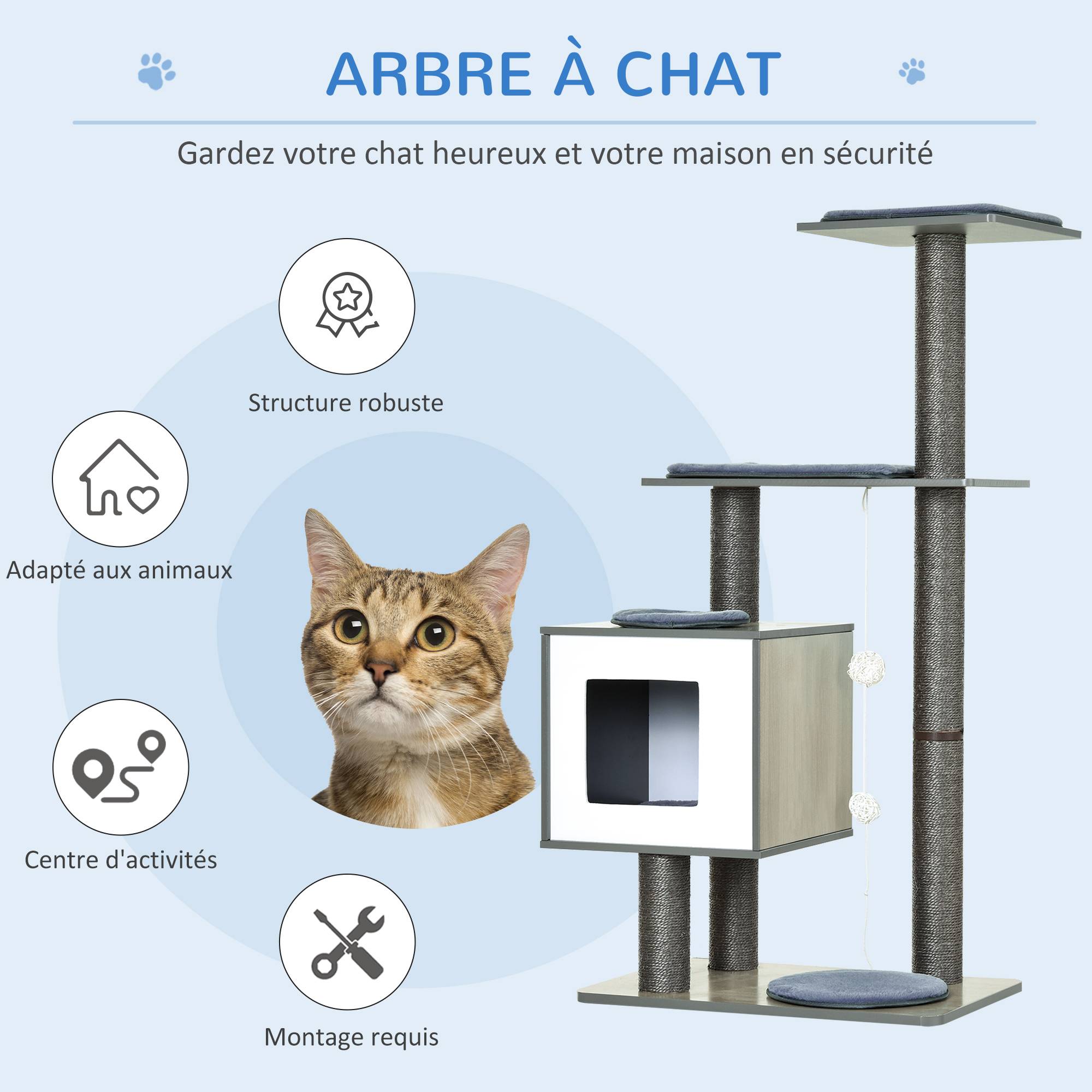 Pawhut - Arbre à chat design contemporain griffoirs grattoirs sisal naturel niche plate-formes jeu boules suspendues 71L x 49l x 120H cm MDF hêtre gris - Imagen 4