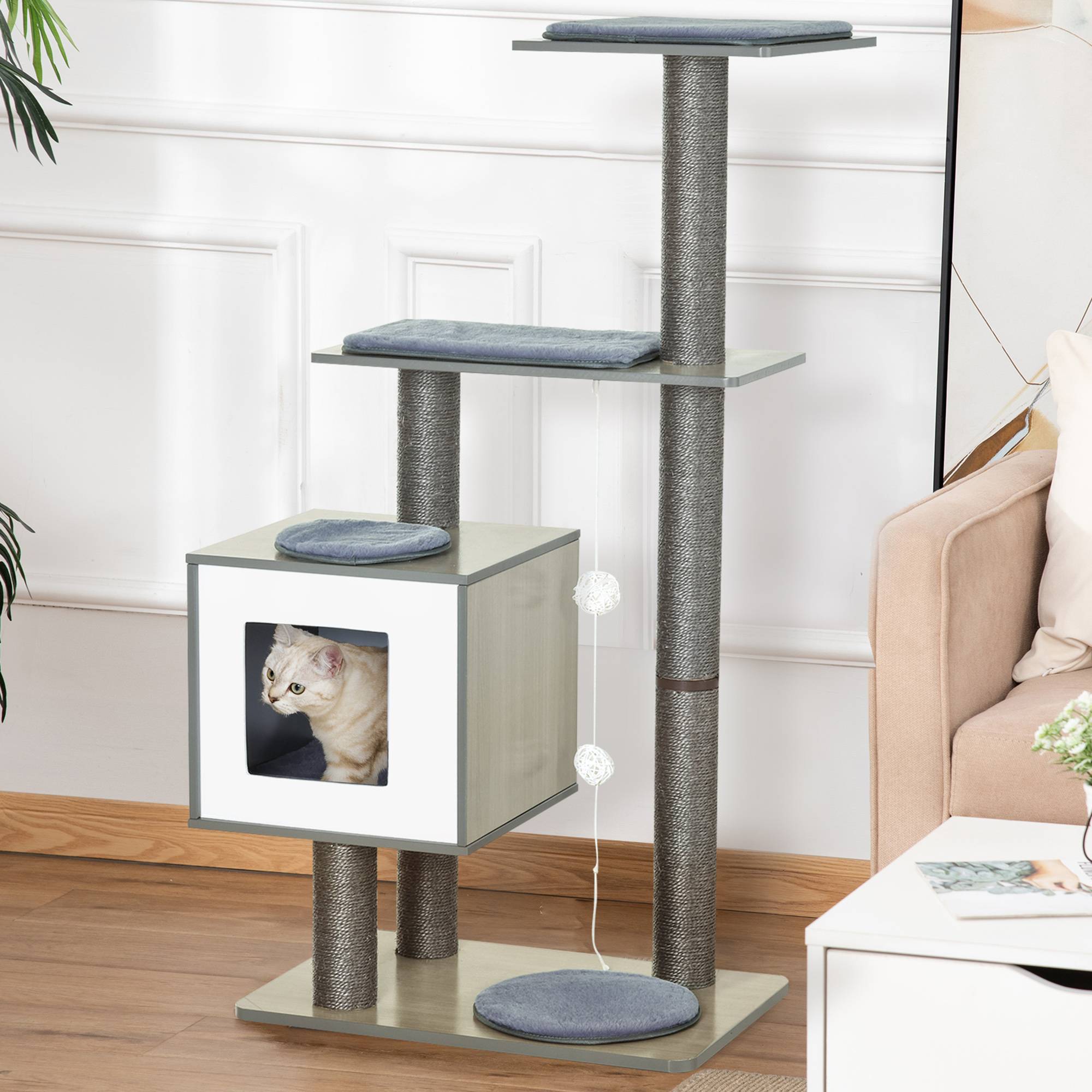 Pawhut - Arbre à chat design contemporain griffoirs grattoirs sisal naturel niche plate-formes jeu boules suspendues 71L x 49l x 120H cm MDF hêtre gris - Imagen 2