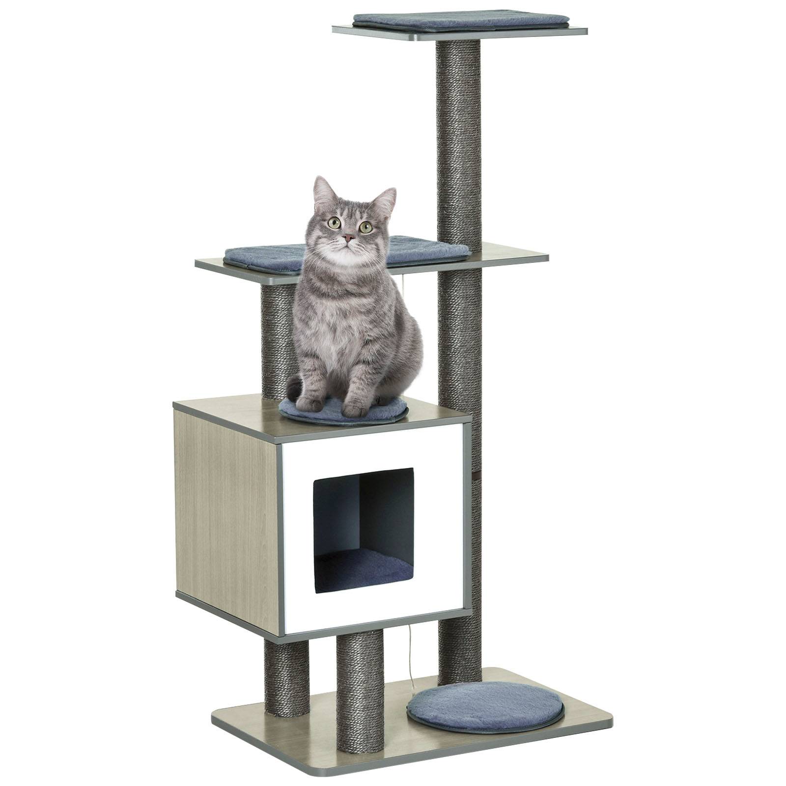 Pawhut - Arbre à chat design contemporain griffoirs grattoirs sisal naturel niche plate-formes jeu boules suspendues 71L x 49l x 120H cm MDF hêtre gris - Imagen 1