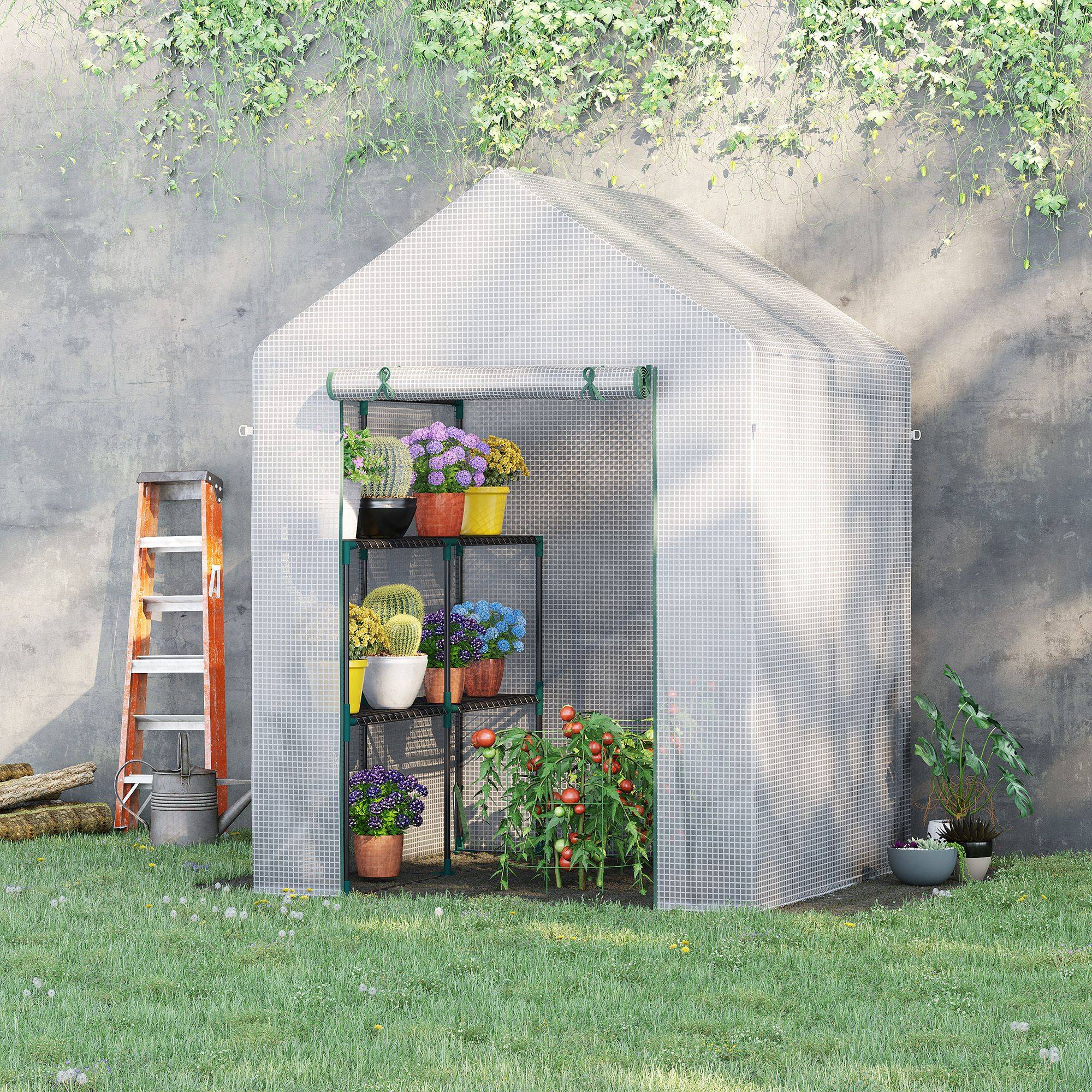 Sans Marque - Serre jardin PE étagères 2 niveaux balcon bâche renforcée 140g/m² acier porte zip 143x143x195 cm blanc - Image 4