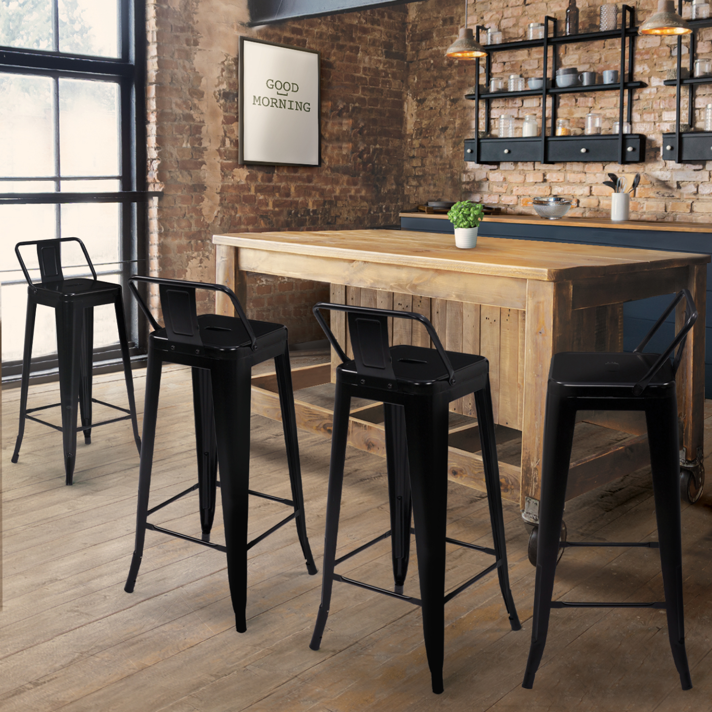 Lot de 4 tabourets de bar LENY métal noir mat et dossier aspect brut factory - Image 1