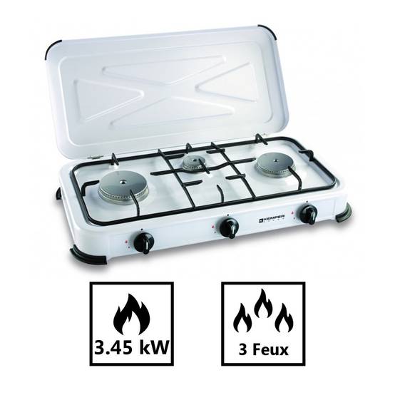 Plaque de cuisson gaz 3 feux portable 3450W Réchaud Camping Blanc Couvercle amovible KEMPER - Imagen 4