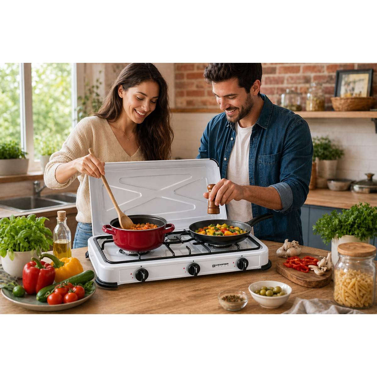 Plaque de cuisson gaz 3 feux portable 3450W Réchaud Camping Blanc Couvercle amovible KEMPER - Imagen 3