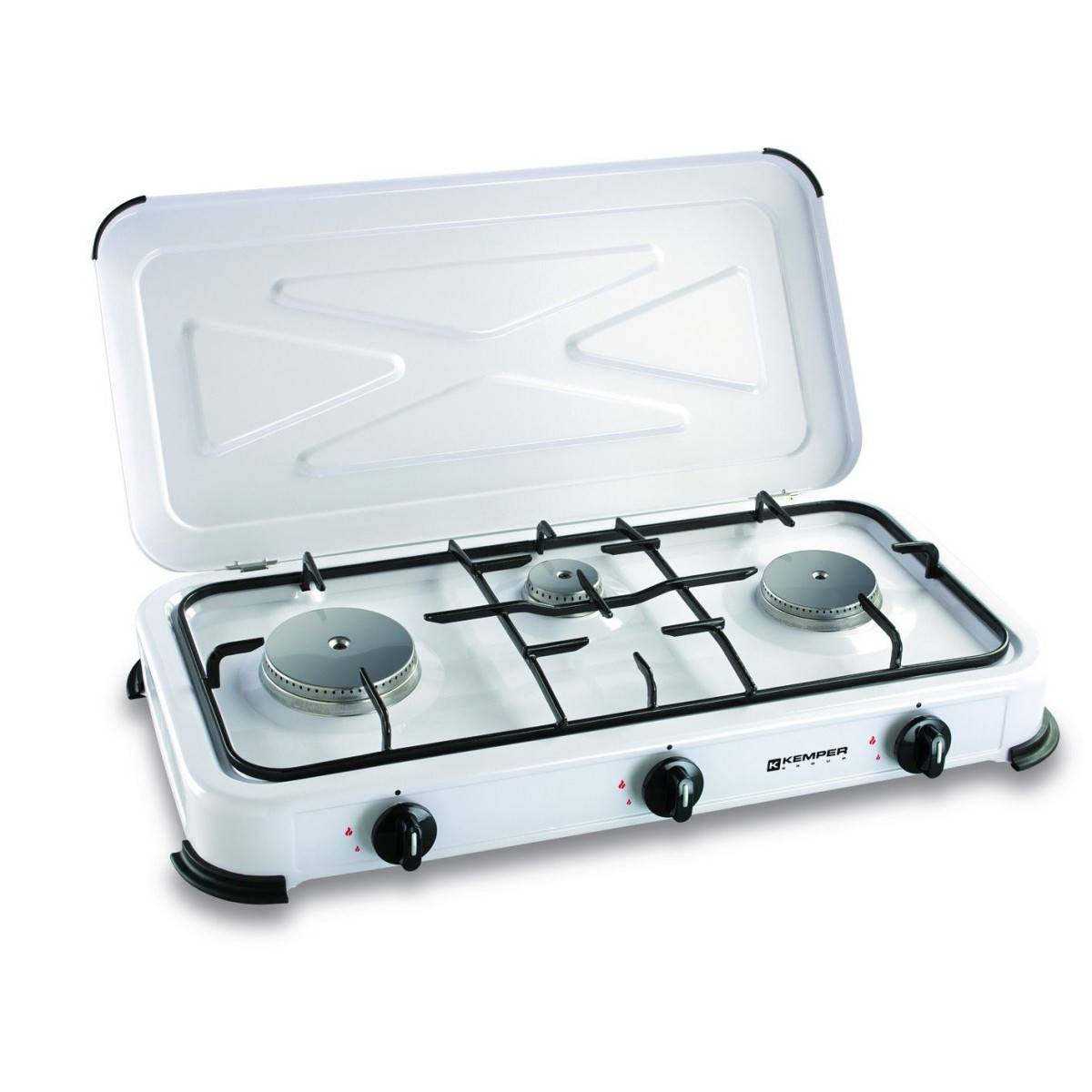 Plaque de cuisson gaz 3 feux portable 3450W Réchaud Camping Blanc Couvercle amovible KEMPER - Imagen 6