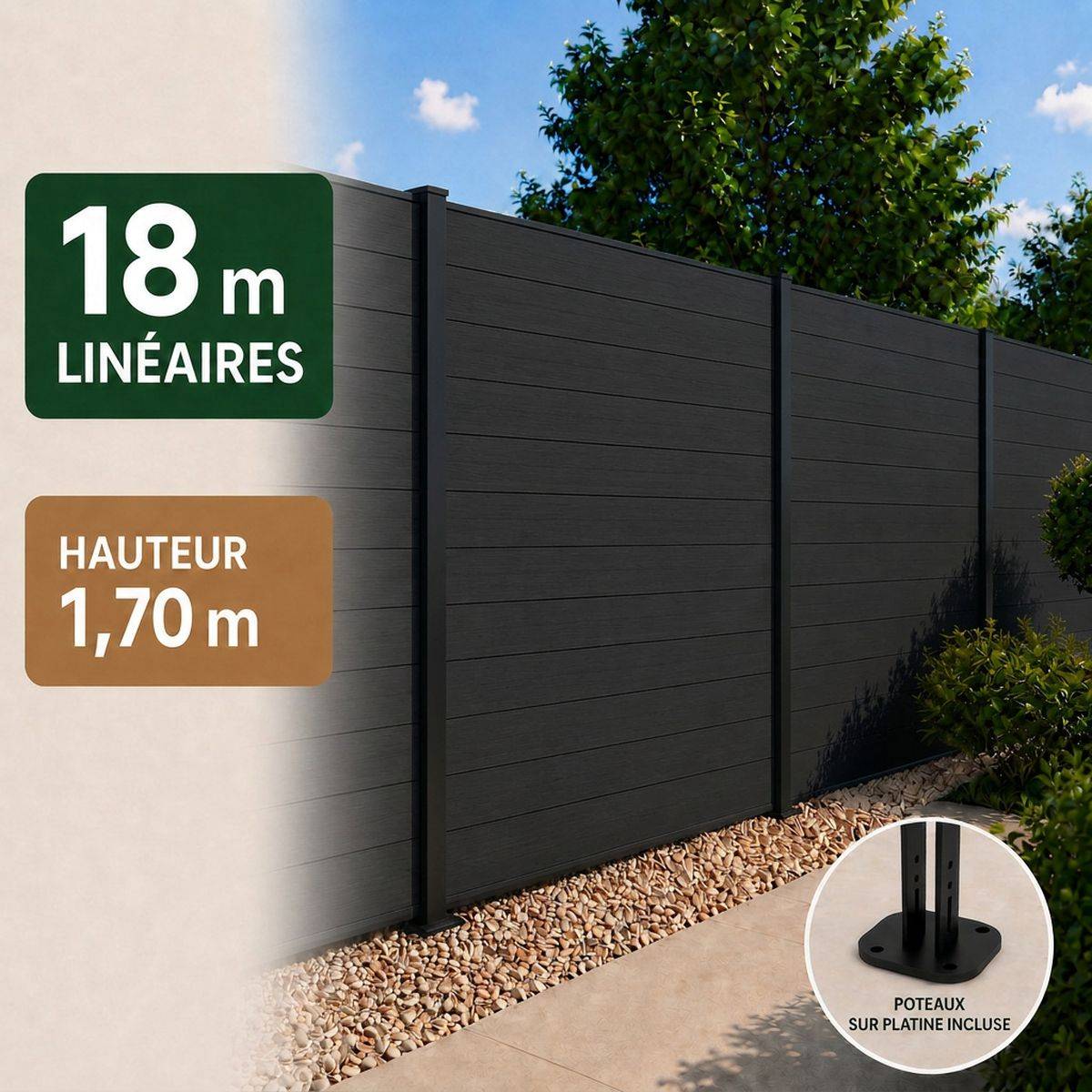 Direct Abris - Kit clôture RECIFE Bois Composite ebony 18,07m poteau 60x70mm noir sur platines 1,7m - Image 1