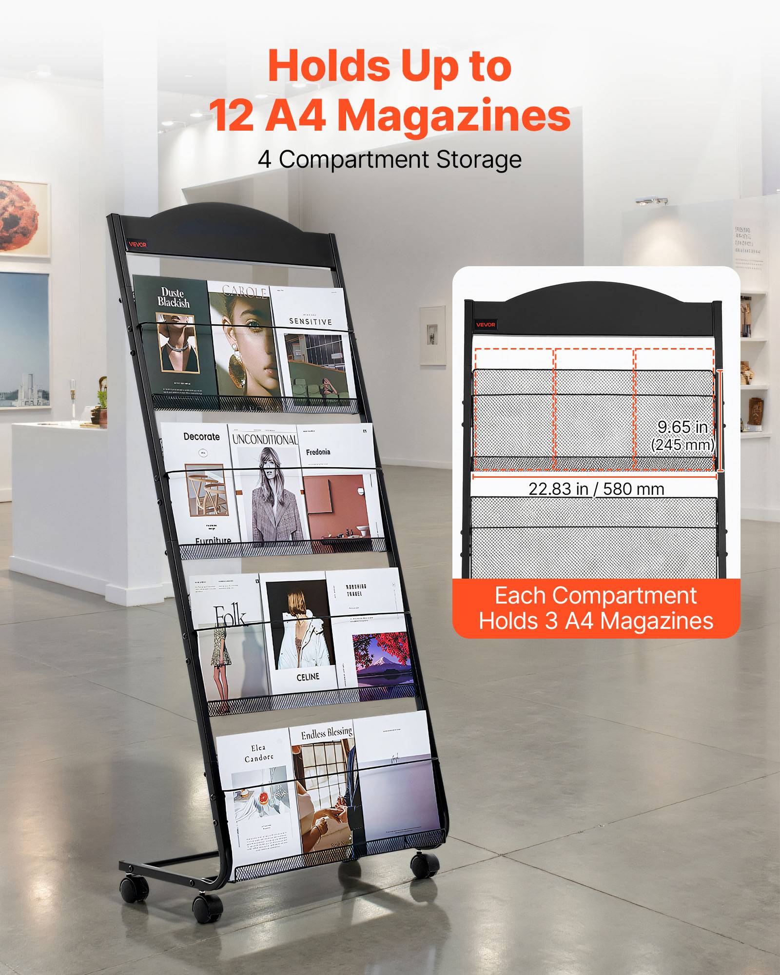 VEVOR Présentoir à brochures 4 niveaux sur pied avec roulettes pour magazines - Image 2